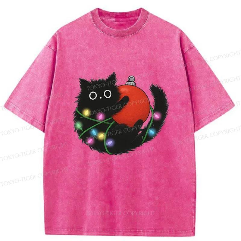 Tokyo-Tiger Black Cat Entangled In Light Strips Washed T-Shirt
