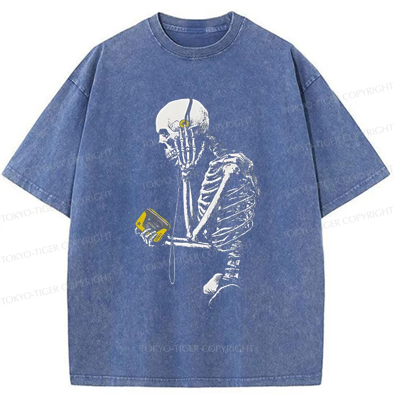 Tokyo-Tiger Skeleton Listening To Music Washed T-Shirt