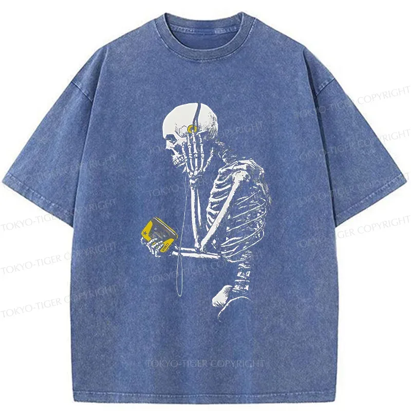 Tokyo-Tiger Skeleton Listening To Music Washed T-Shirt Sale