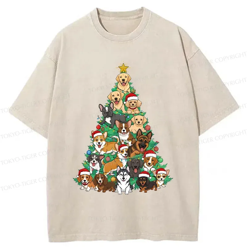 Tokyo-Tiger Christmas Tree Dog Funny Washed T-Shirt
