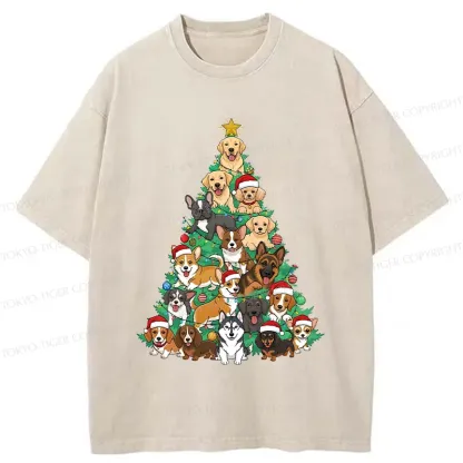 Tokyo-Tiger Christmas Tree Dog Funny Washed T-Shirt