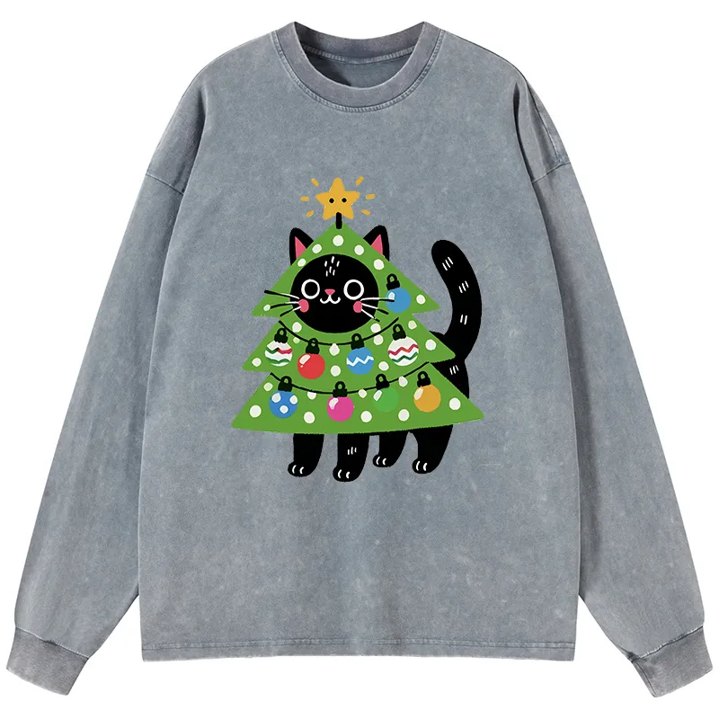 Tokyo-Tiger Christmas Tree Cat Washed Long Sleeve T-Shirt