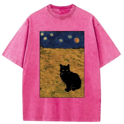 Tokyo-Tiger Cat In The Field Under Starry Sky Washed T-Shirt