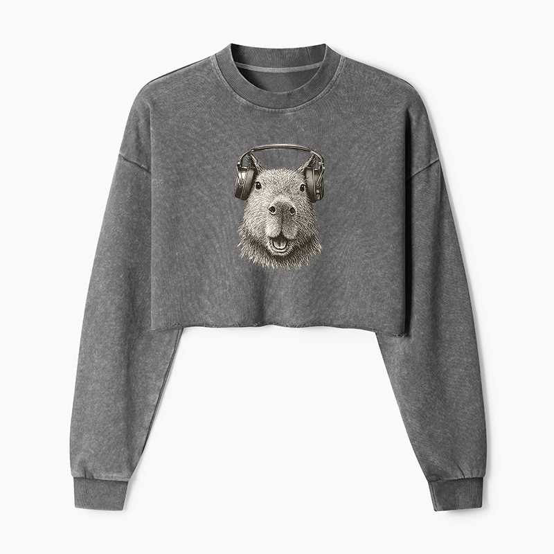Tokyo-Tiger Capybara Listening To Music Washed Crop Sweatshirt