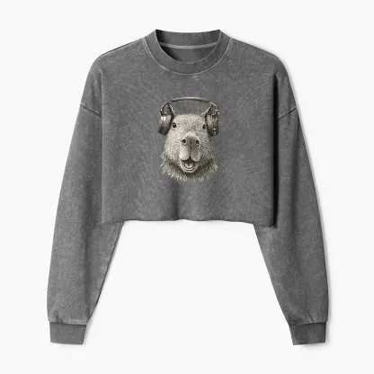 Tokyo-Tiger Capybara Listening To Music Washed Crop Sweatshirt