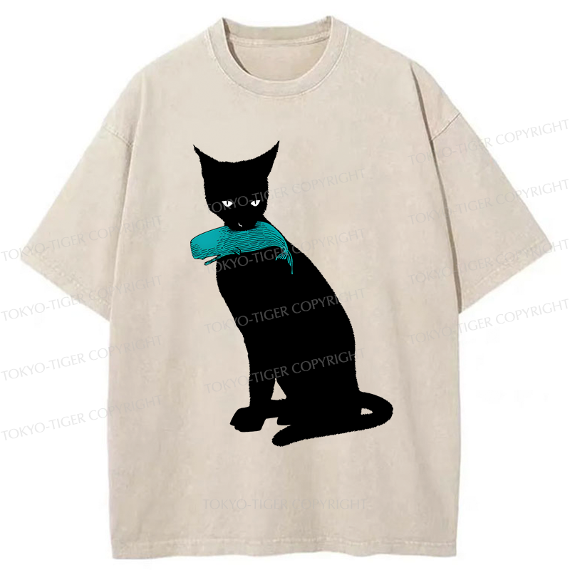 Tokyo-Tiger Cat Eats Whale Washed T-Shirt