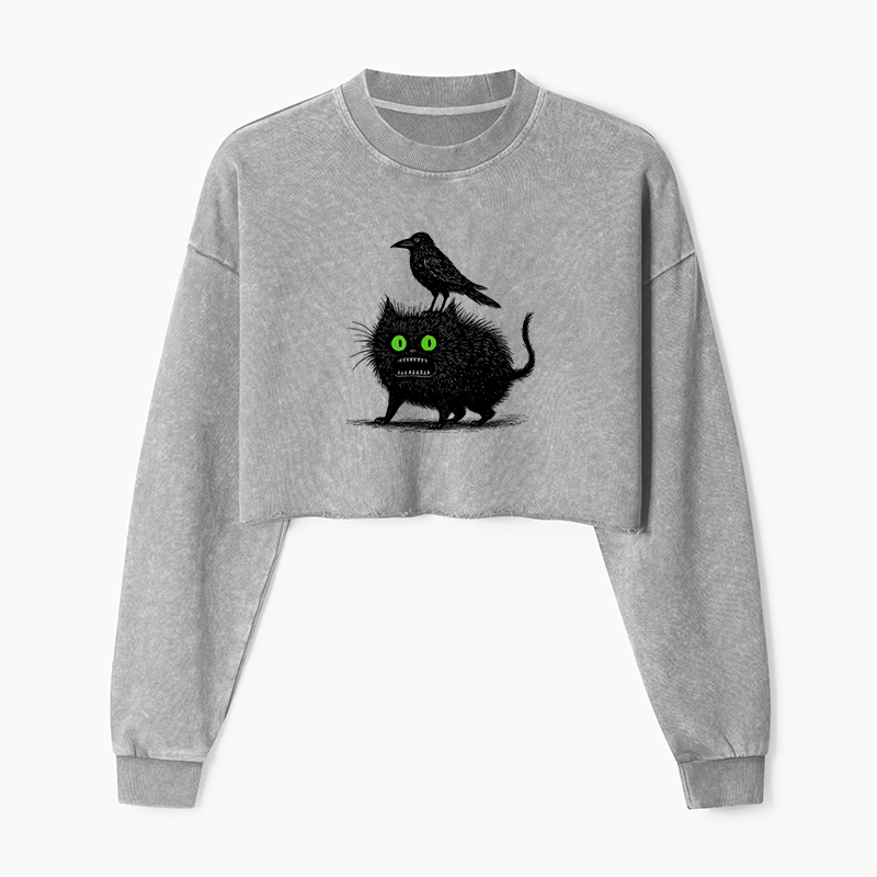 Tokyo-Tiger Crow And Black Cat Washed Crop Sweatshirt
