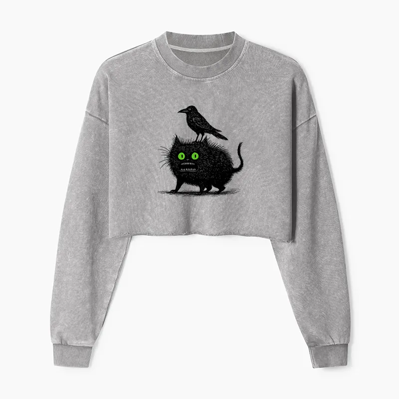 Tokyo-Tiger Crow And Black Cat Washed Crop Sweatshirt