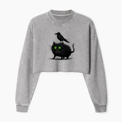 Tokyo-Tiger Crow And Black Cat Washed Crop Sweatshirt