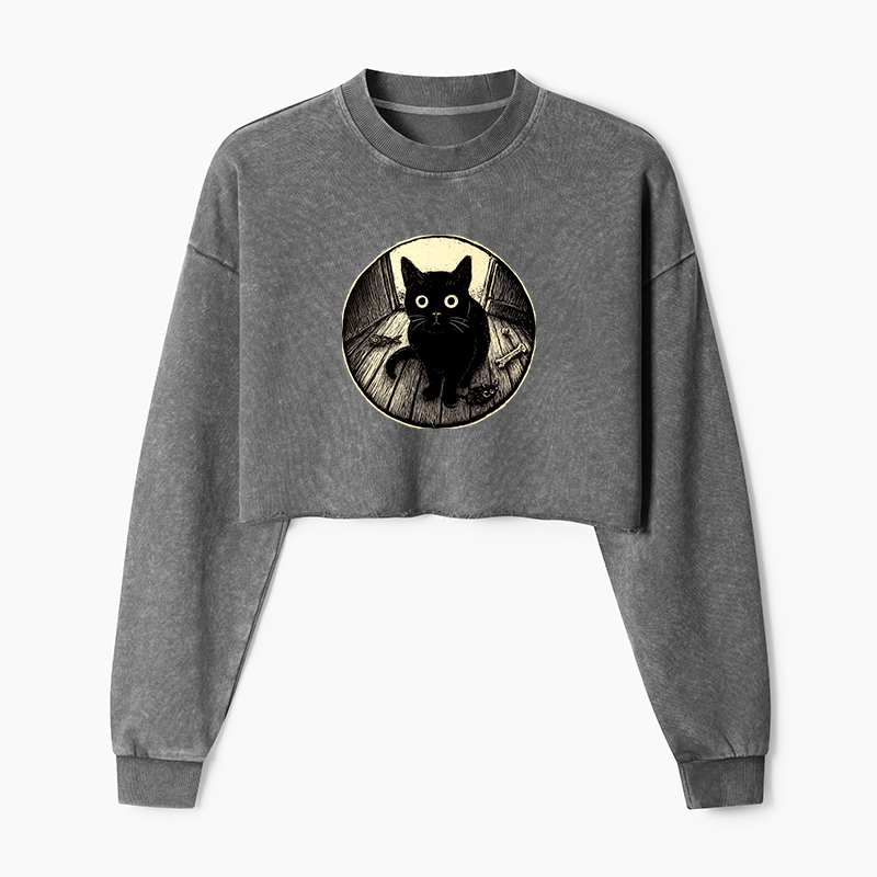 Tokyo-Tiger Waiting Black Cat Washed Crop Sweatshirt