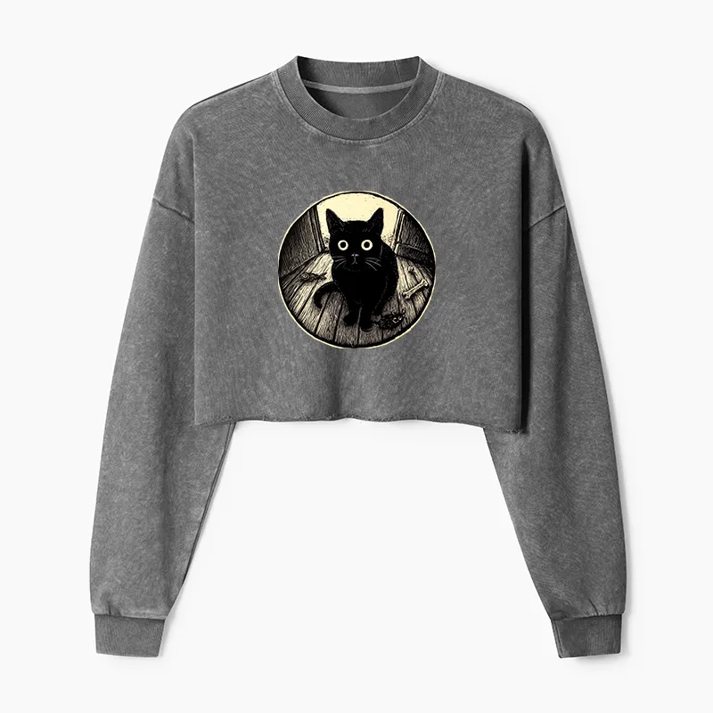 Tokyo-Tiger Waiting Black Cat Washed Crop Sweatshirt