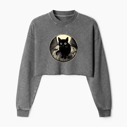 Tokyo-Tiger Waiting Black Cat Washed Crop Sweatshirt