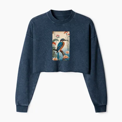 Tokyo-Tiger Ukiyo-e Kingfisher Washed Crop Sweatshirt