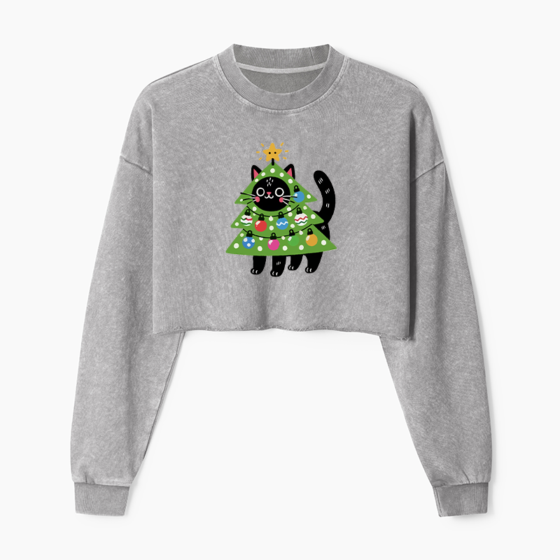 Tokyo-Tiger Christmas Tree Cat Washed Crop Sweatshirt