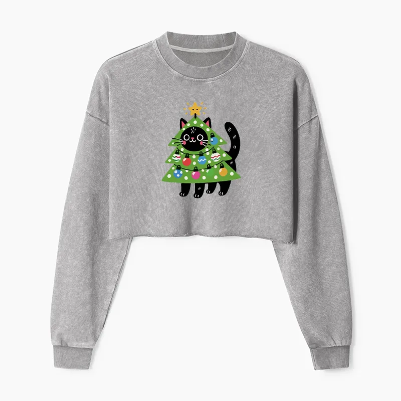 Tokyo-Tiger Christmas Tree Cat Washed Crop Sweatshirt