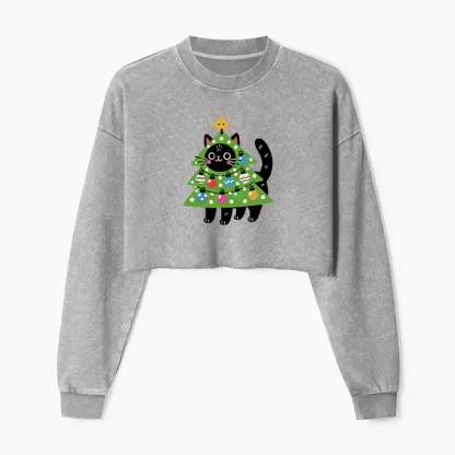 Tokyo-Tiger Christmas Tree Cat Washed Crop Sweatshirt