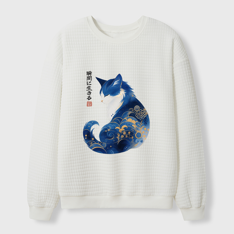 Tokyo-Tiger Retro Zen Cat: Living the Present Waffle Sweatshirt