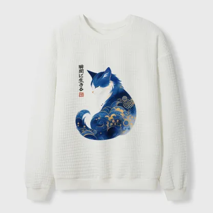 Tokyo-Tiger Retro Zen Cat: Living the Present Waffle Sweatshirt