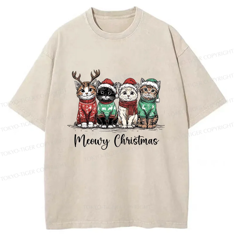 Tokyo-Tiger Four Kittens Christmas Washed T-Shirt