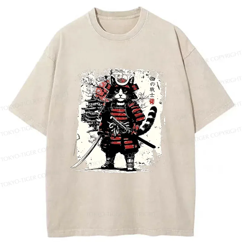 Tokyo-Tiger Retro Cat Japanese Samurai Washed T-Shirt