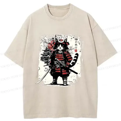 Tokyo-Tiger Retro Cat Japanese Samurai Washed T-Shirt