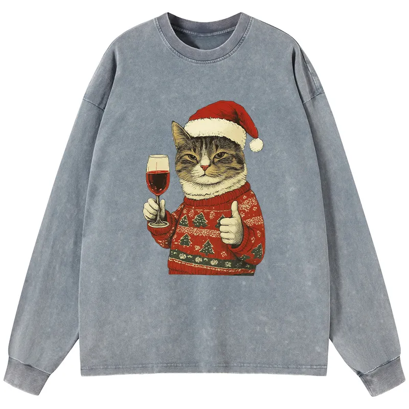 Tokyo-Tiger Christmas Cat Likes Washed Long Sleeve T-Shirt