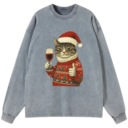 Tokyo-Tiger Christmas Cat Likes Washed Long Sleeve T-Shirt