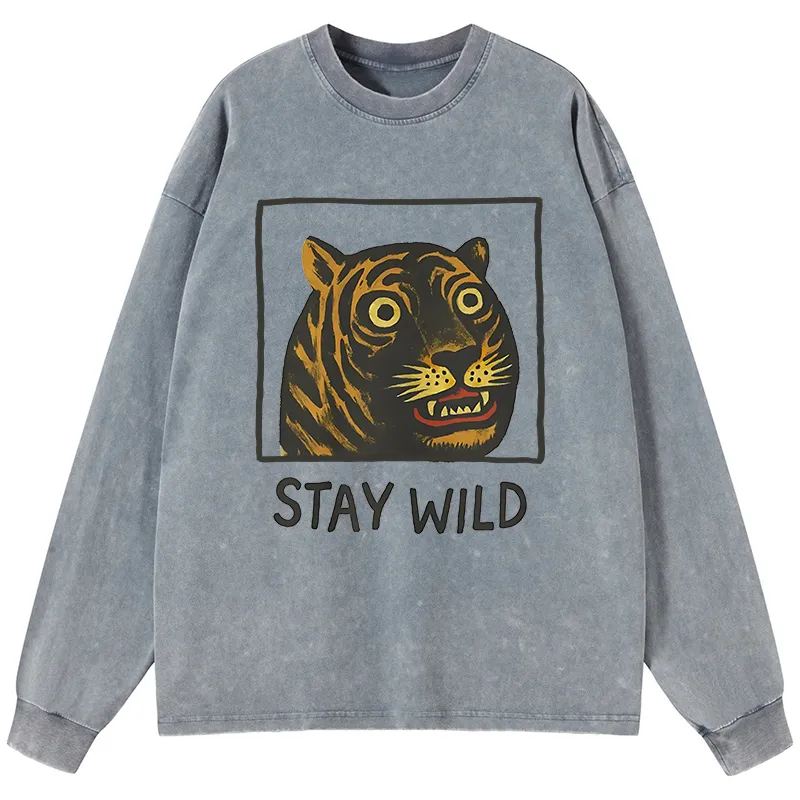 Tokyo-Tiger Silly And Cute Tiger Washed Long Sleeve T-Shirt