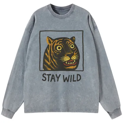 Tokyo-Tiger Silly And Cute Tiger Washed Long Sleeve T-Shirt