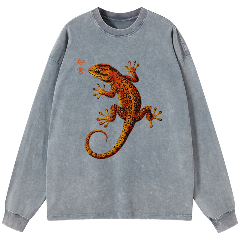 Tokyo-Tiger Retro Gecko Funny Washed Long Sleeve T-Shirt