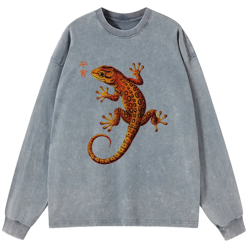 Tokyo-Tiger Retro Gecko Funny Washed Long Sleeve T-Shirt