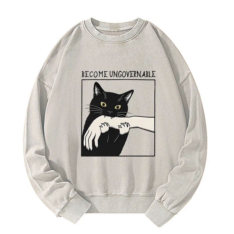 Tokyo-Tiger Black Cat Biting Washed Sweatshirt