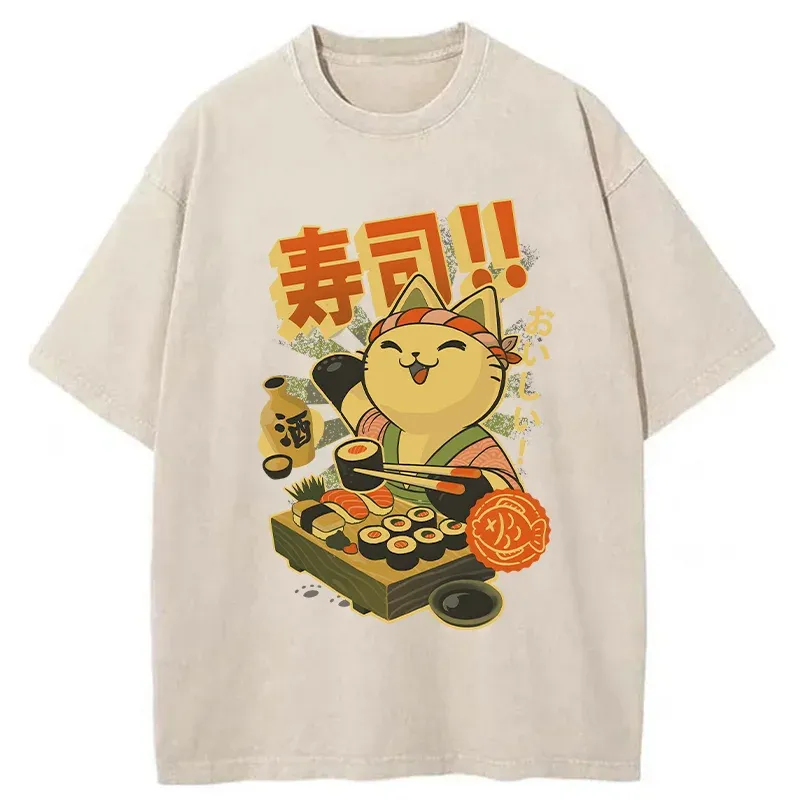 Tokyo-Tiger Cat Chef Special Sushi Washed T-Shirt