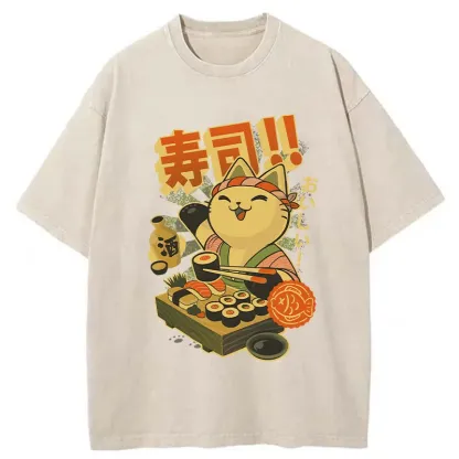 Tokyo-Tiger Cat Chef Special Sushi Washed T-Shirt