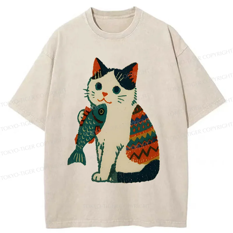Tokyo-Tiger Retro Kitten Catching Fish Washed T-Shirt Sale