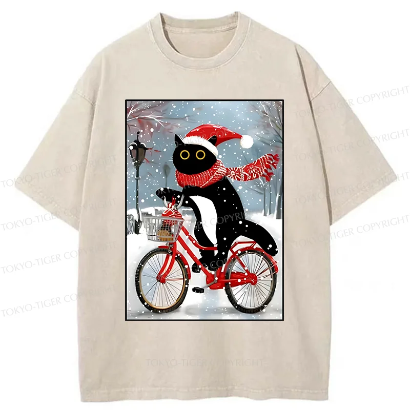 Tokyo-Tiger Black Cat Riding A Bicycle Washed T-Shirt