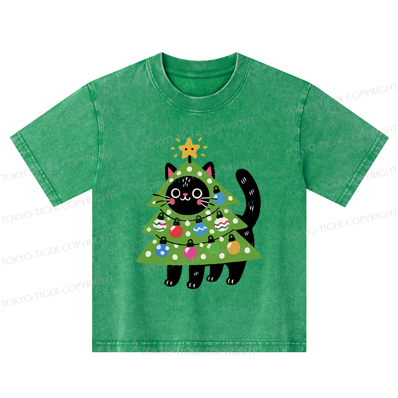 Tokyo-Tiger Christmas Tree Cat Kids Washed T-Shirt