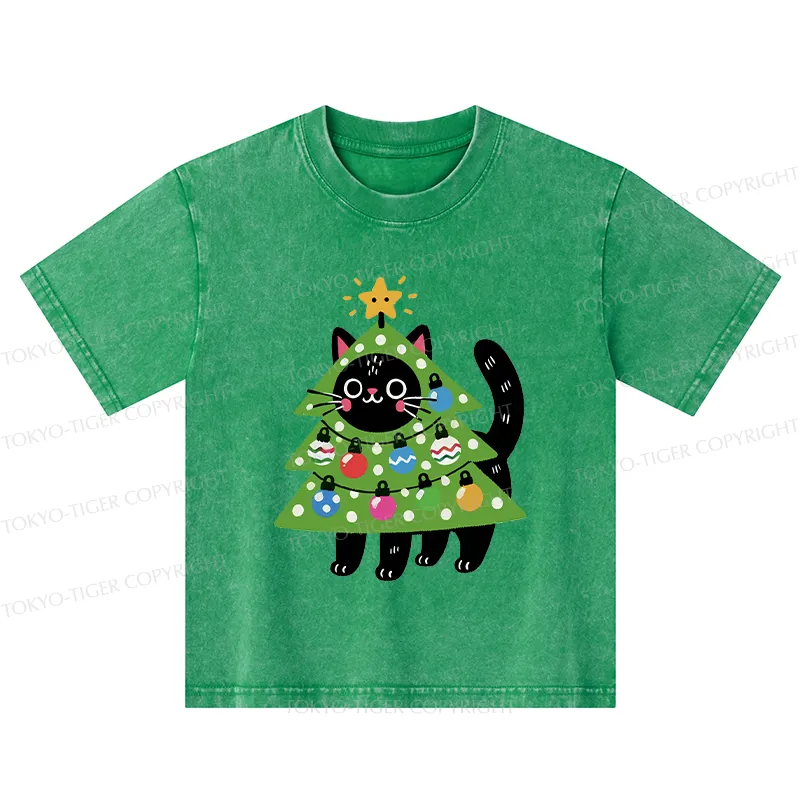 Tokyo-Tiger Christmas Tree Cat Kids Washed T-Shirt