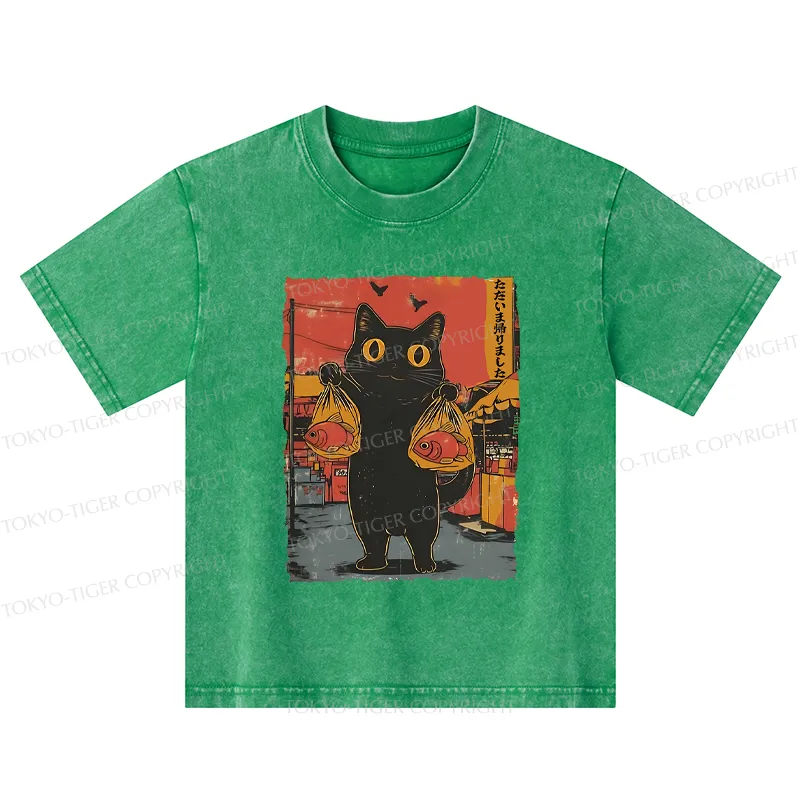 Tokyo-Tiger Cat Fishing Japanese Kids Washed T-Shirt
