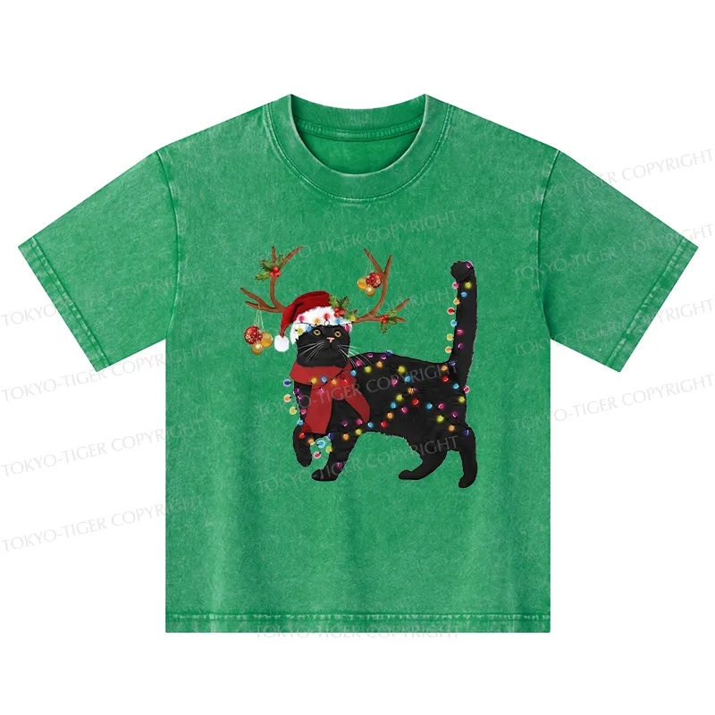 Tokyo-Tiger Christmas Black Cat Kids Washed T-Shirt