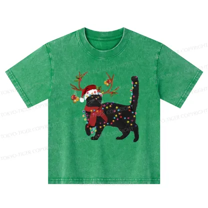 Tokyo-Tiger Christmas Black Cat Kids Washed T-Shirt