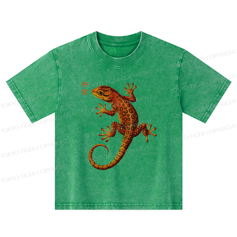Tokyo-Tiger Retro Gecko Funny Kids Washed T-Shirt