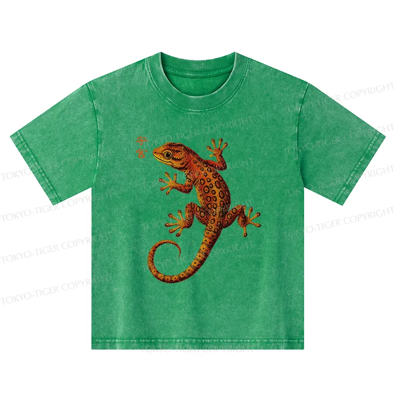 Tokyo-Tiger Retro Gecko Funny Kids Washed T-Shirt