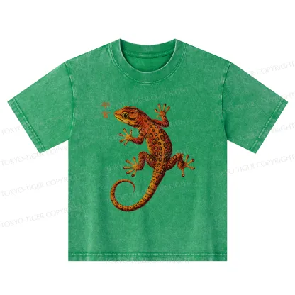 Tokyo-Tiger Retro Gecko Funny Kids Washed T-Shirt