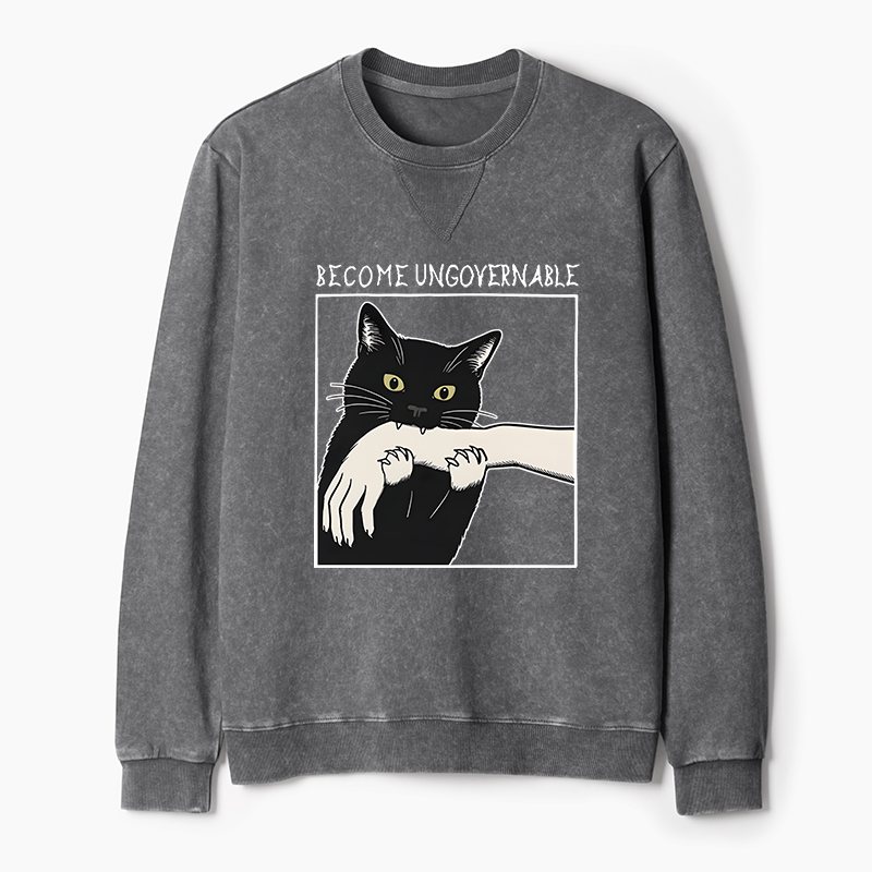 Tokyo-Tiger Black Cat Biting Washed Terry Sweatshirt