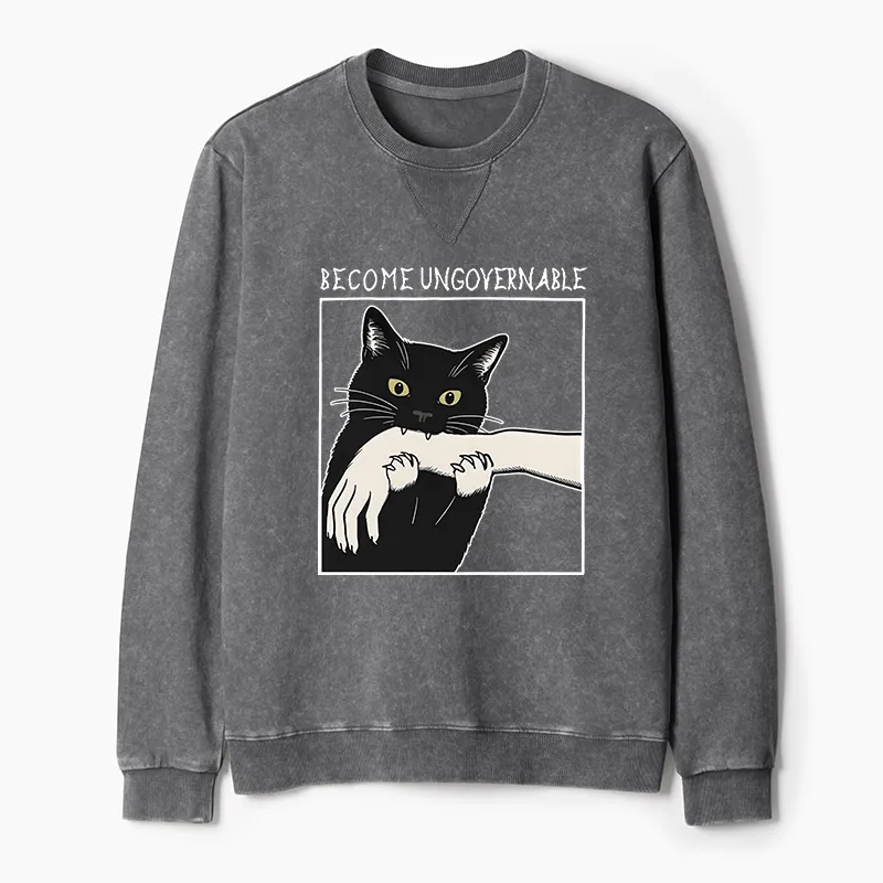 Tokyo-Tiger Black Cat Biting Washed Terry Sweatshirt