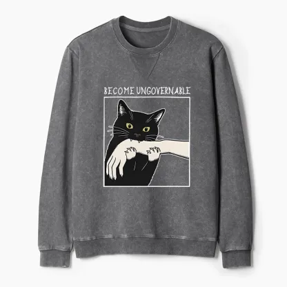 Tokyo-Tiger Black Cat Biting Washed Terry Sweatshirt
