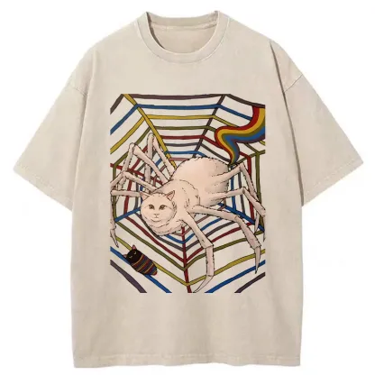 Tokyo-Tiger Funny Spider Cat Washed T-Shirt
