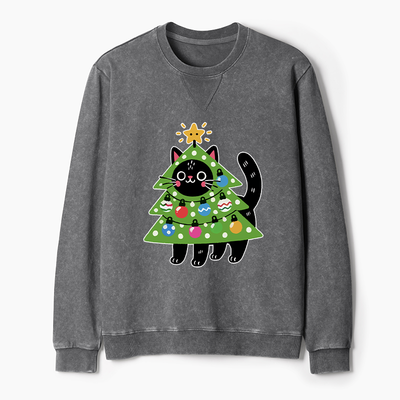 Tokyo-Tiger Christmas Tree Cat Washed Terry Sweatshirt