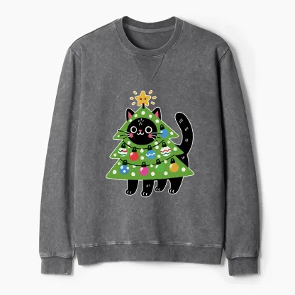 Tokyo-Tiger Christmas Tree Cat Washed Terry Sweatshirt